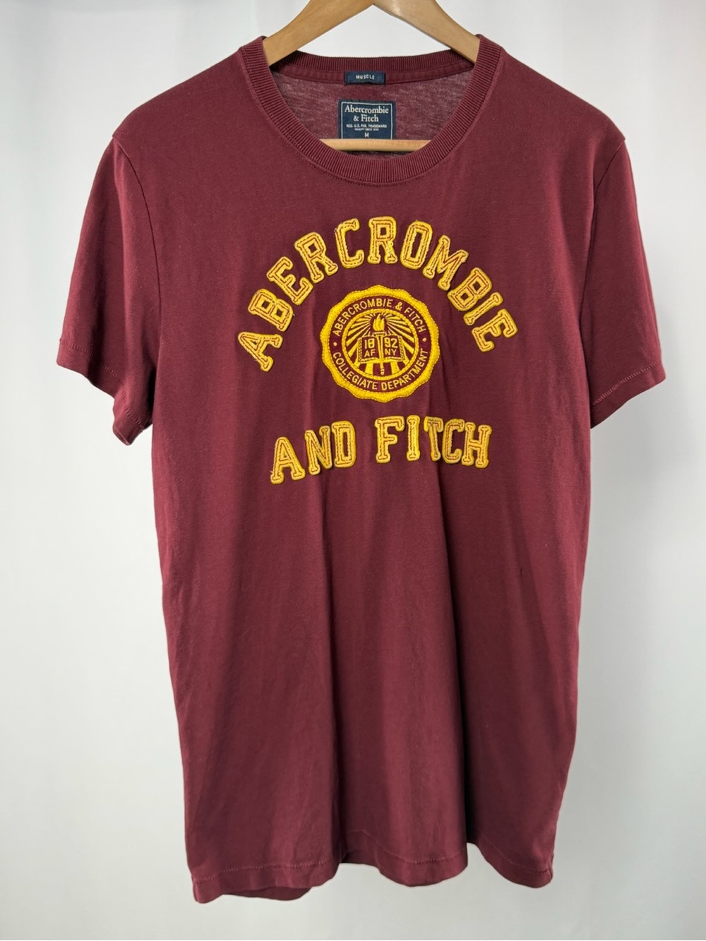 Vintage Abercrombie & Fitch Muscle Graphic Tee Shirt Maroon Yellow Medium